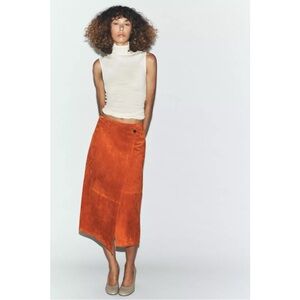 NWT Zara Orange Suede Asymmetric Midi Skirt